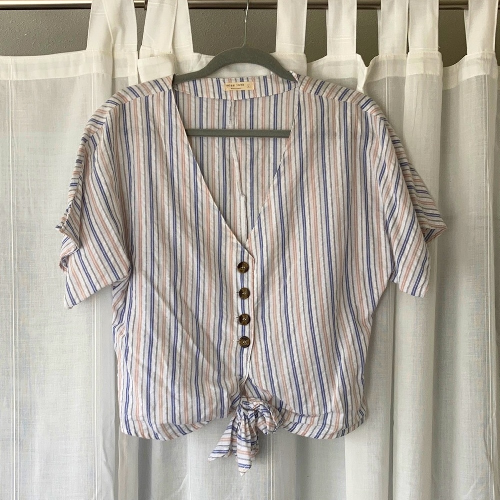 miss love - sz L, striped linen tie shirt